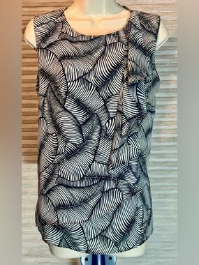 Ann Taylor Factory Navy and White Sleeveless Ruffle Front Blouse